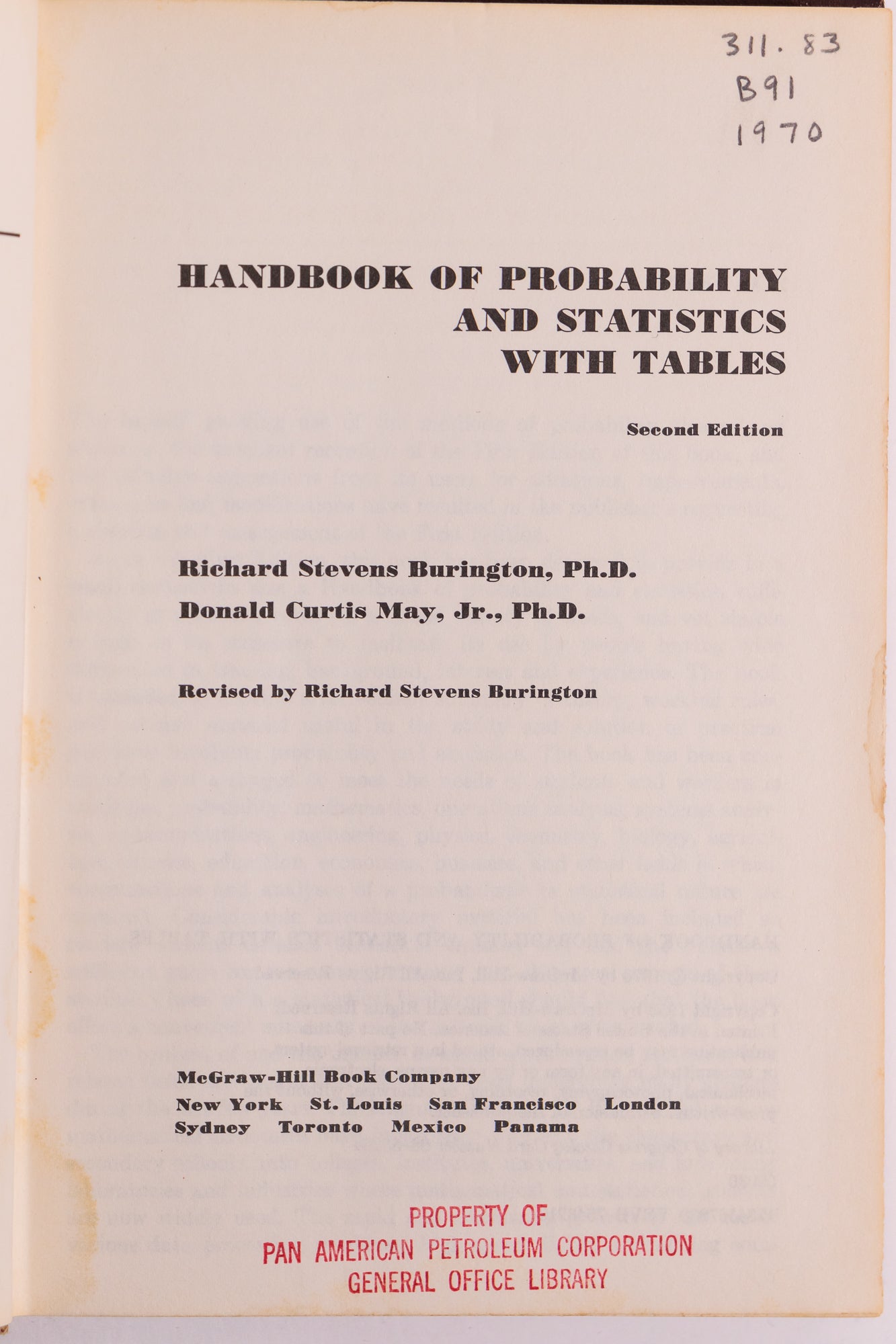 Handbook of Probability and Statistics with Tables